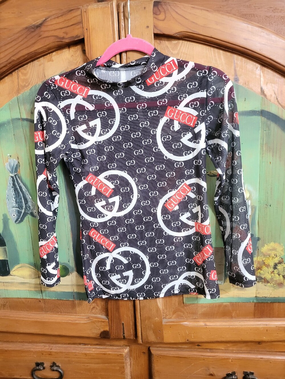 LeeLees Store Gucci Logo Black Long Sleeve Sheer Blouse